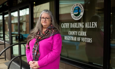 Kathy Darling Allen, Shasta County Clerk and Registrar of Voters, in front of her office in Redding, California, on March 29, 2023.