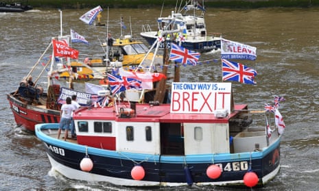 A flotilla of fishing trawlers, organised by Nigel Farage, sailing up the river Thames during the referendum campaign.