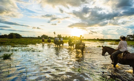 People riding horses in the Pantanal, Brazil