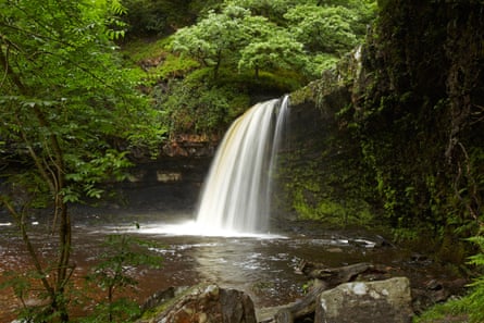 Water tumbles into a river with rocky banks and trees behind