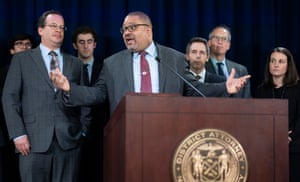Manhattan District Attorney Alvin Bragg (C) speaks after the guilty verdict.