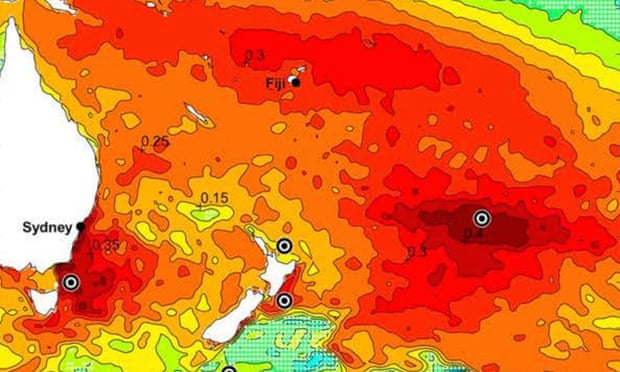 A warming blob off the coast of New Zealand is seen in dark red