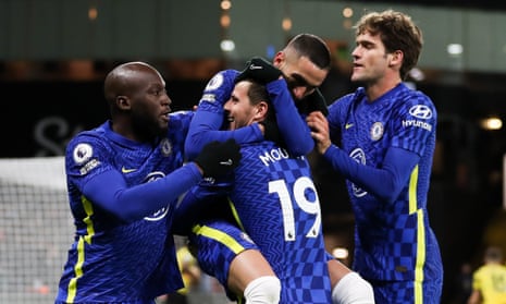 Hakim Ziyech of Chelsea celebrates scoring their second goal with Mason Mount, Romelu Lukaku (left) and Marcos Alonso (right).