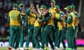 South Africa celebrate taking an Afghanistan wicket in the 2024 T20 World Cup semi-final at the Brian Lara Cricket Academy in