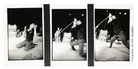 Three images of Guy Picciotto striking dramatic poses as he sings on stage