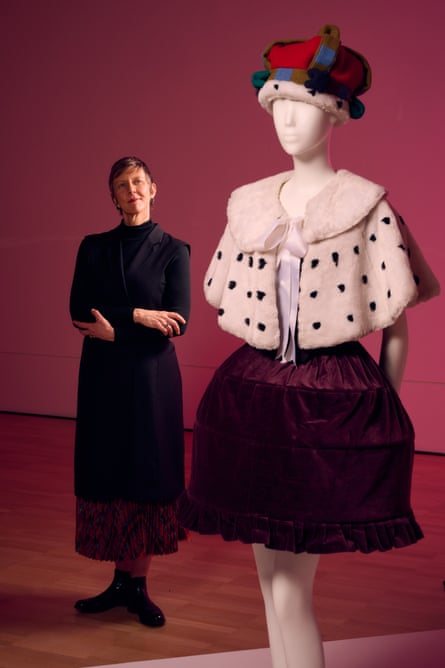 NGV Westwood Kawakubo announcementKatie Somerville, Senior Curator, Fashion and Textiles, NGV with VIVIENNE WESTWOOD, London (fashion house). Vivenne Westwood (designer), Ensemble, 1987, Harris Tweed collection, autumn-winter, 1987–88 at the announcement of Westwood