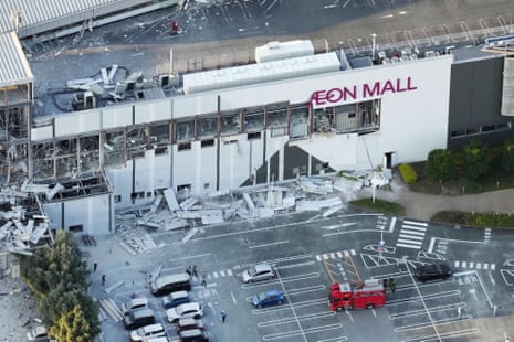 This aerial image shows the damaged AEON Mall after an earthquake in Kashima, Kumamoto prefecture, southern Japan, Tuesday, July 28, 2026.