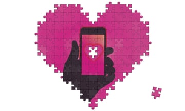 An illustration of a heart made of jigsaw pieces, with a missing piece and a hand holding a smartphone