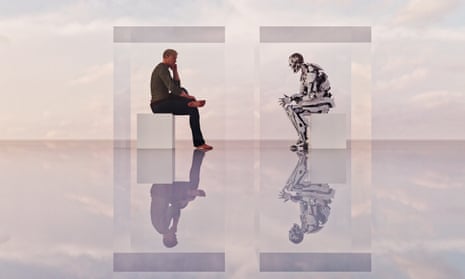 A robot and a human sitting inside cubes facing each other