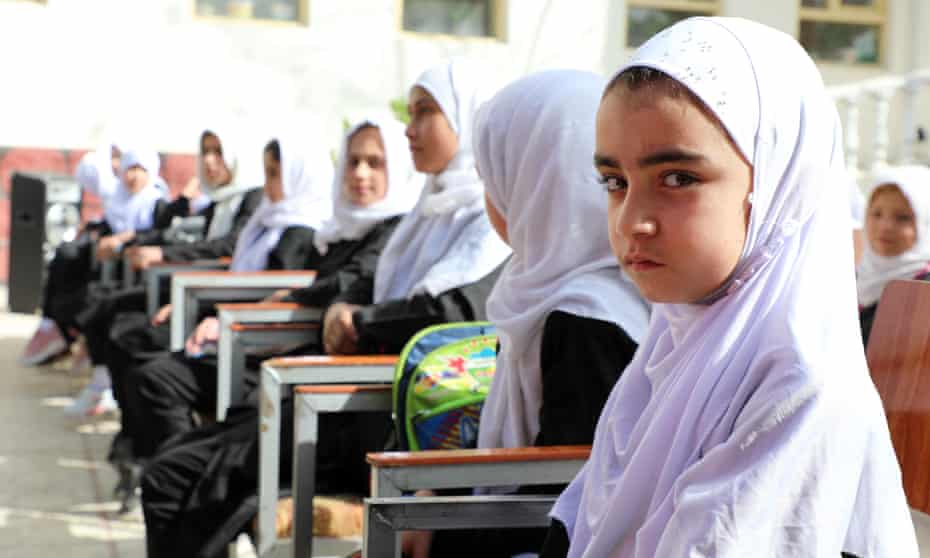 Students in a schoolyard in Kabul, Afghanistan on March 22, 2022