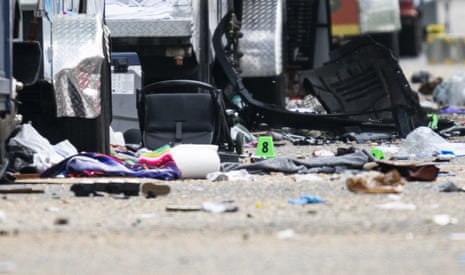Debris and evidence markers lay on the street while police investigate after a vehicle drove into crowd at a street festival Saturday evening in Vancouver, Sunday, 27 April, 2025.
