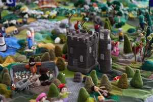 Blarney Castle features on a knitted map of Ireland, trees and people can also be seen