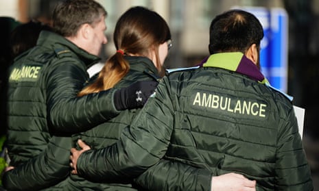 Ambulance workers on the picket line outside London Ambulance Service NHS Trust control room in Waterloo, London.