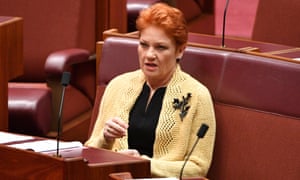 One Nation leader Pauline Hanson in the Senate on Wednesday. Her motion ‘to facilitate the building of new coal-fired power stations’ was defeated 34-42.