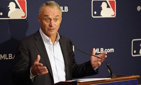 Major League Baseball commissioner Rob Manfred speaks to reporters earlier this month.