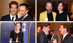 Oscar nominees luncheon guests, clockwise from top left: Andrew Garfield and Lin-Manuel Miranda; Peter Sarsgaard and Maggie Gyllenhaal; Kristen Stewart; Alfred Molina and Benedict Cumberbatch.