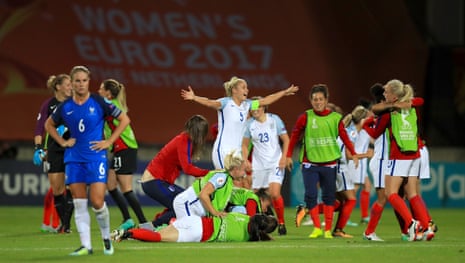 Steph Houghton celebrates with team mates after the final whistle.