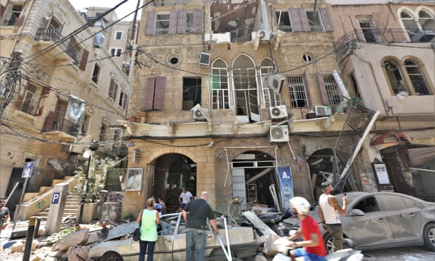 Buildings and cars damaged by the massive explosion in Beirut, Lebanon.