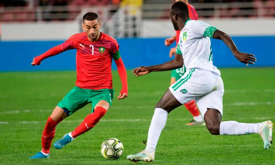 Hakim Ziyech (left) plays for Morocco against Mauritania in an African Cup of Nations qualifier.