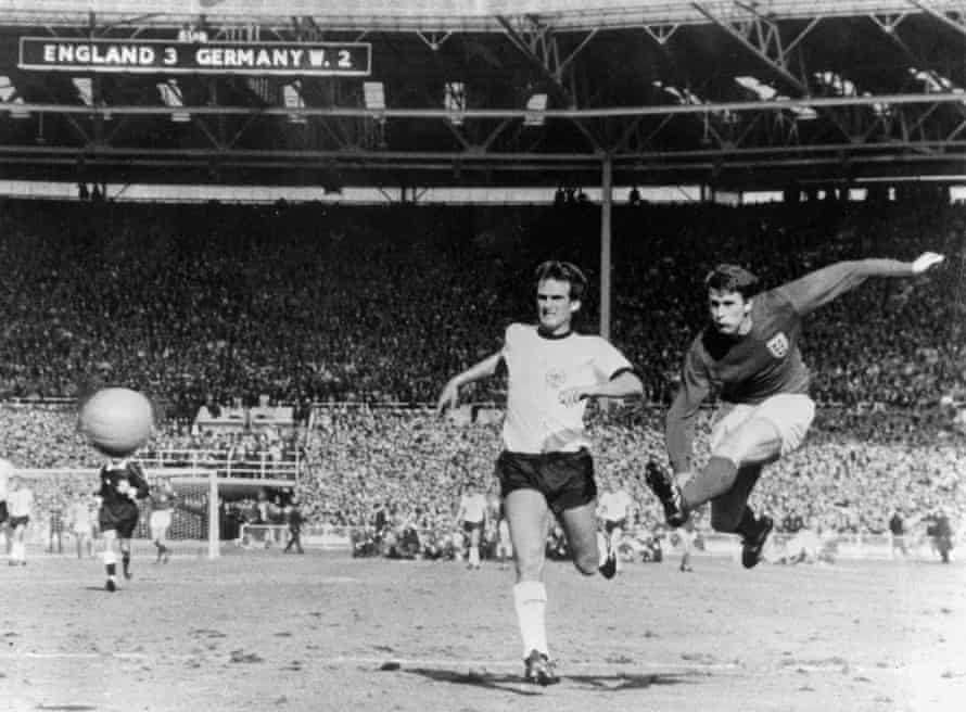 Geoff Hurst scores England’s fourth goal against West Germany in the 1966 World Cup final to complete his hat-trick