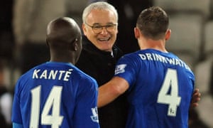 Claudio Ranieri with Danny Drinkwater and N’Golo Kanté, two players whose stellar performances this season forced the Leicester manager to adjust his plans.