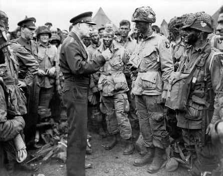 Gen Eisenhower talking with American paratroopers on the evening of 5 June 1944, as they prepared for the Invasion of Normandy, Greenham Common, Berkshire