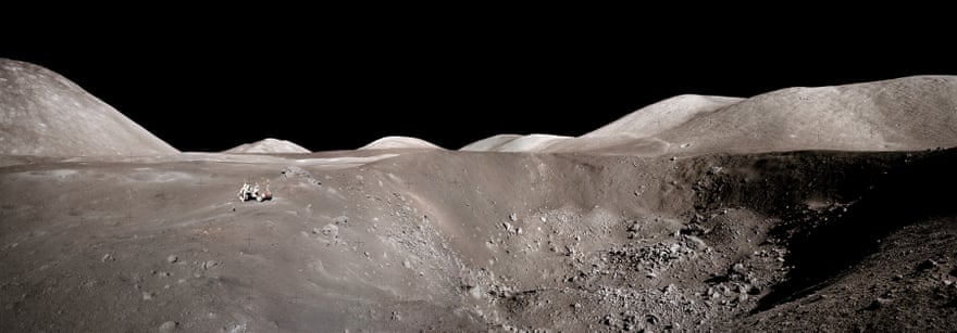 Apollo 17 December 13, 1972 Astronaut Eugene Cernan's picture of Harrison Schmidt peering into a huge crater on the Moon.