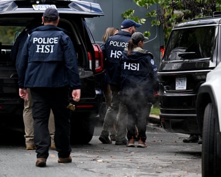 HSI agents work outside the residence of congresswoman Ilhan Omar in Washington, DC, on Monday.