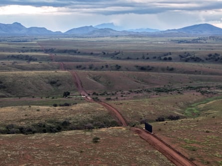A drone view shows a new section of the border wall that stands in Arizona’s San Rafael Valley on 22 September.