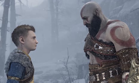 Sunny Suljic as Atreus and Christopher Judge as Kratos in 2022's God of War: Ragnarök. 