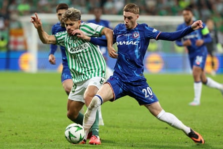 Cole Palmer battles with Abde Ezzalzouli during Chelsea v Real Betis, Conference League final