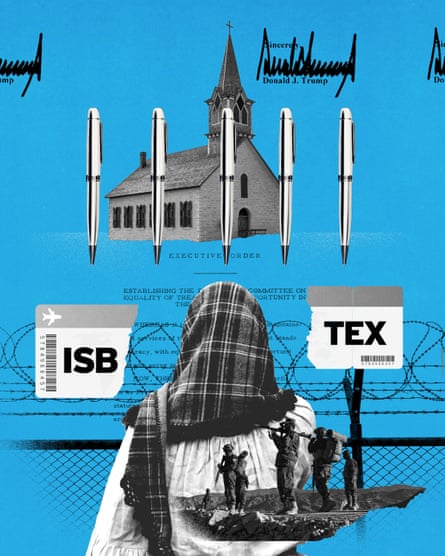 collage of church, pens, Trump signature, a plane ticket, soldiers with weapons, barbed-wire fence and a woman wearing a hijab.