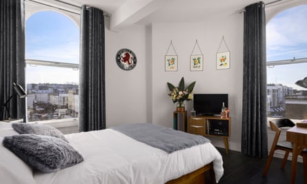 A double-bed room, with views out over west London, at The Distiller, Notting Hill, London.