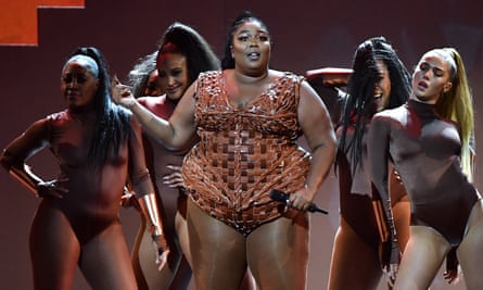 An extravagant set piece … Lizzo’s performance at the Brits.