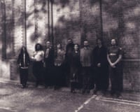 Nine members of Shovel Dance Collective lined up against a tall brick wall, dappled by shadow from a tree