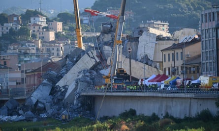 The collapsed Morandi bridge on 15 August 2018, the day after the disaster