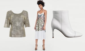 Going out-out in (from left): gold metallic foil wrap-back T-shirt, £26, River Island; dress with sequinned straps, £99.99, zara.com; leather stiletto heel toe cap boots, £79, M&S