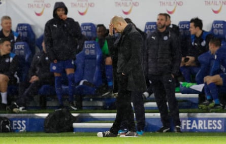 Pep Guardiola on the dugout at Leicester in 2016.