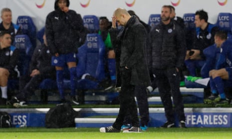 Pep Guardiola is a picture of misery as his Manchester City side go down to a 4-2 defeat at Leicester in December 2016.