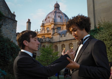 Barry Keoghan (left) and Archie Madekwe in a scene from Saltburn.