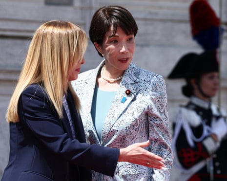 Italian prime minister Giorgia Meloni welcomes Japanese prime minister Sanae Takaichi ahead of their meeting at Villa Doria Pamphilj in Rome, Italy.