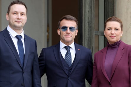 Jens-Frederik Nielsen, left, in Paris with France’s president, Emmanuel Macron, centre, and Denmark’s prime minister, Mette Frederiksen.