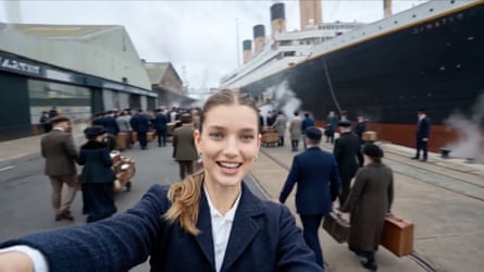 An AI-generated woman shoots a selfie video as she prepares to board HMS Titanic