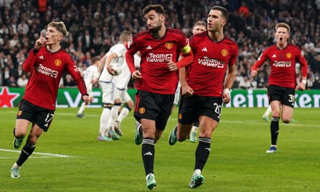 Manchester United's Bruno Fernandes celebrates scoring their side's third goal of the game from the penalty spot at Copenhagen.