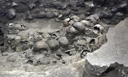 A photo shows parts of an Aztec tower of human skulls, believed to form part of the Huey Tzompantli, at the Templo Mayor archaeology site, in Mexico City.