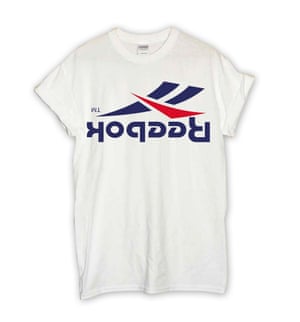White t-shirt with upside down reebok logo