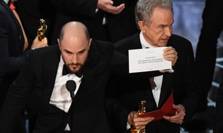 La La Land producer Jordan Horowitz shows the card reading Moonlight at the 89th Oscars in 2017.