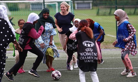 Sweden’s prime minister, Magdalena Andersson, at a football training session for girls last month in Linköping, Sweden.