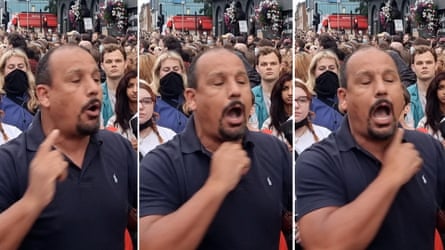 Composite image of stills from a video showing Jones drawing a finger across his throat as he speaks to a crowd