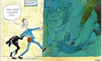Chris Riddell illustration of Jeremy Hunt leading Rishi Sunak into a dark alley, where an ogre labelled 'electoral extinction' lurks